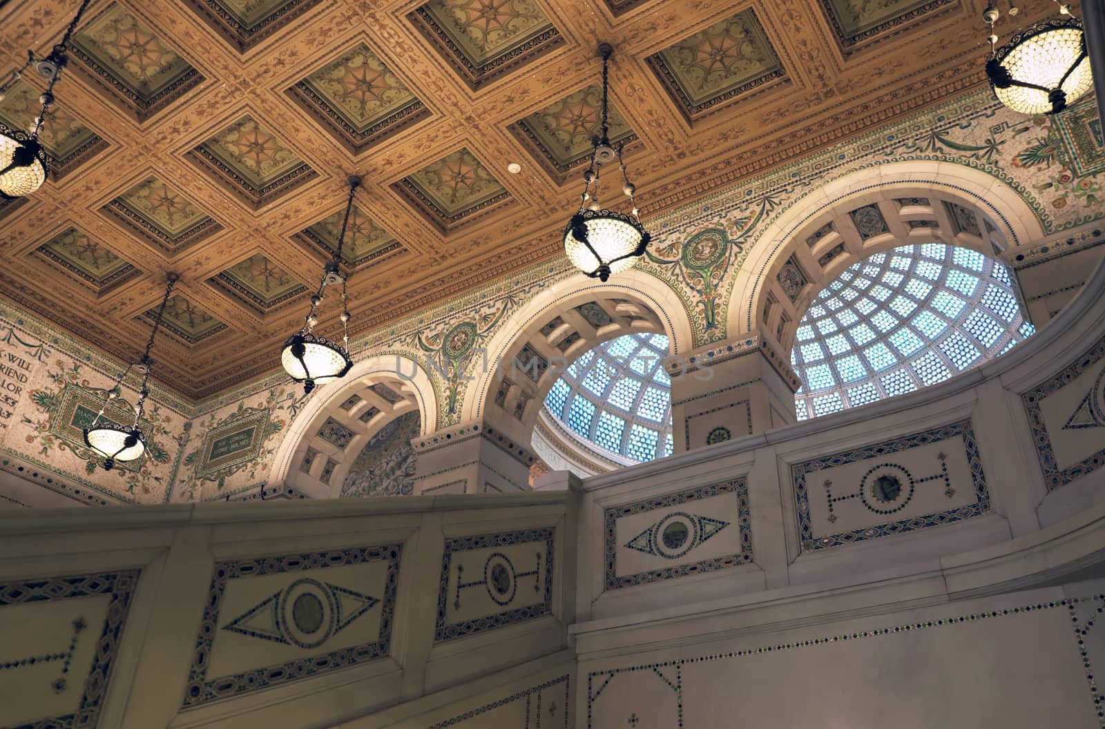 Chicago, Illinois, USA - June 22, 2018 - View of the interior and of the dome at the Chicago Cultural Center.