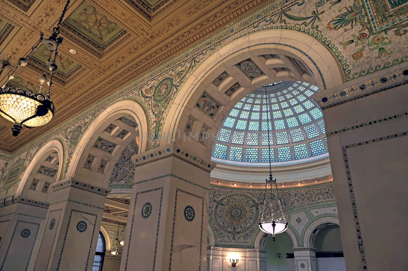 Chicago, Illinois, USA - June 22, 2018 - View of the interior and of the dome at the Chicago Cultural Center.