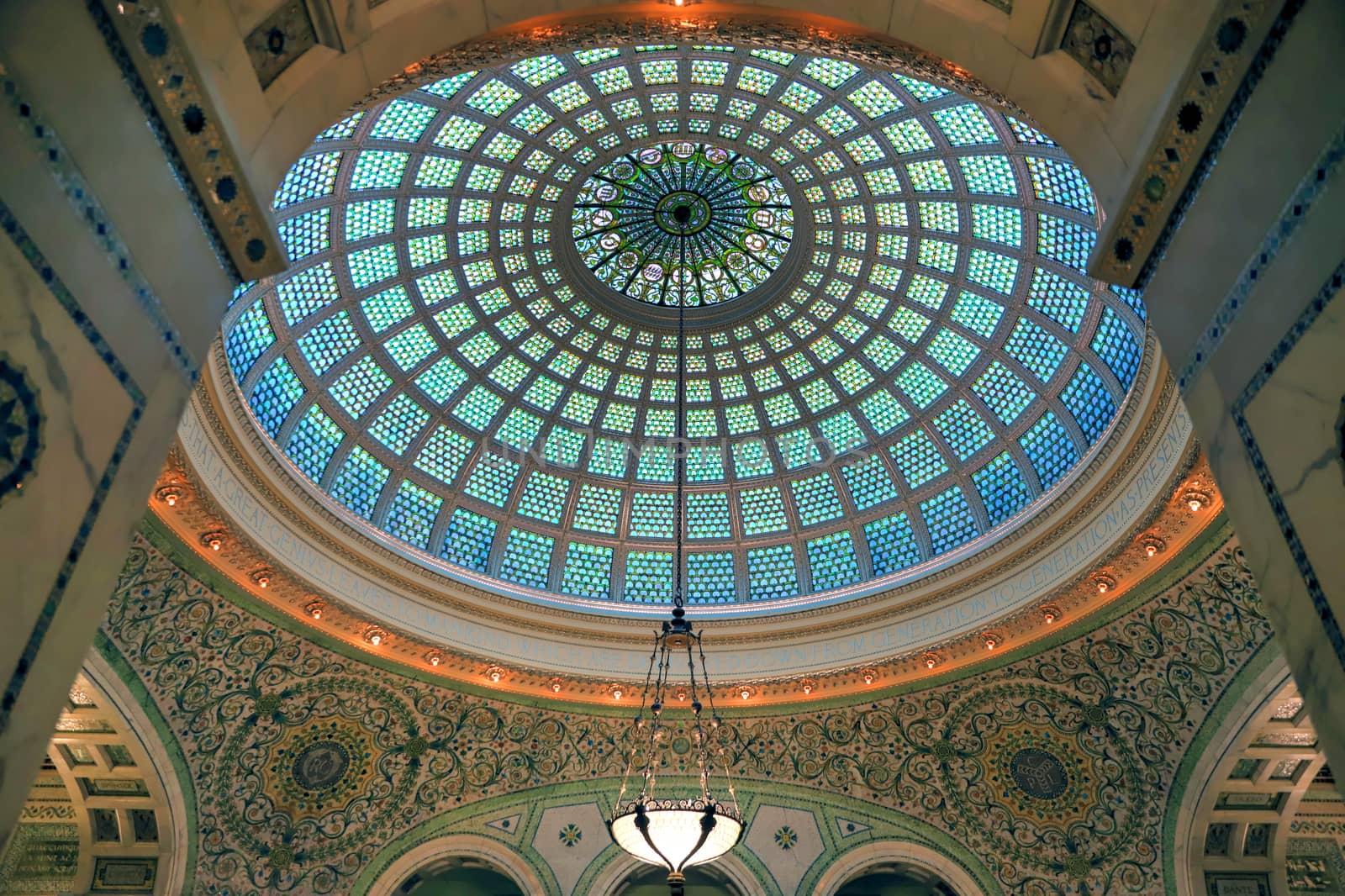 Chicago, Illinois, USA - June 22, 2018 - View of the interior and of the dome at the Chicago Cultural Center.