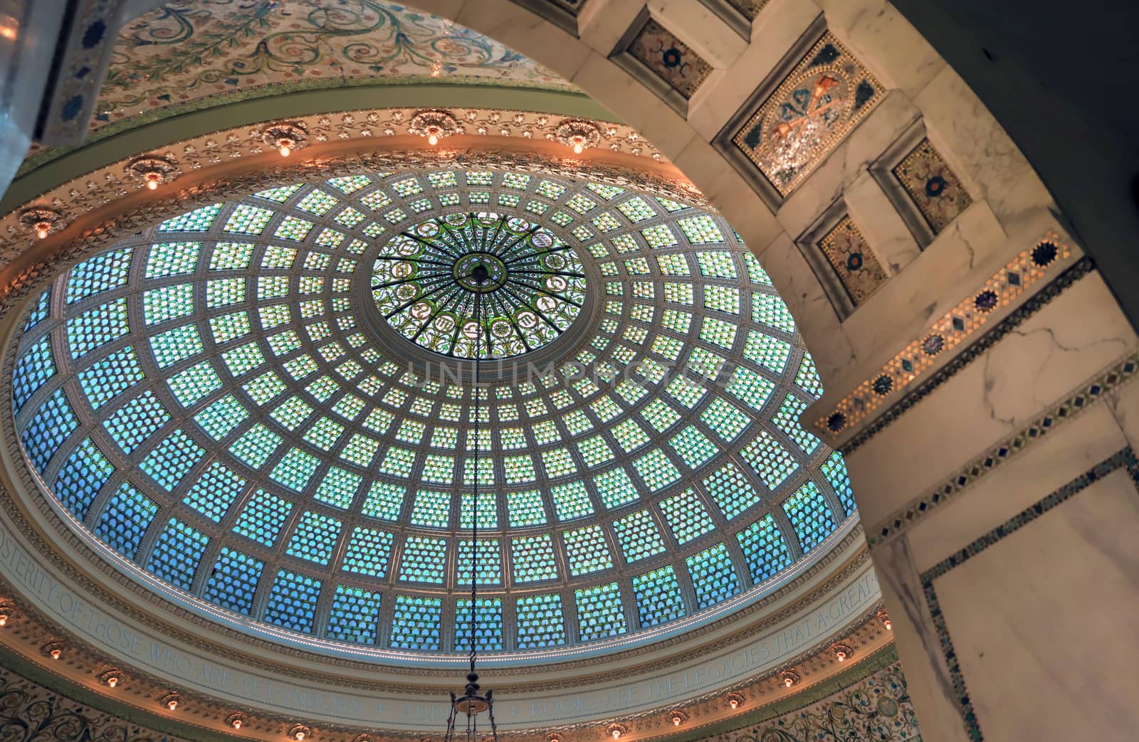 Chicago, Illinois, USA - June 22, 2018 - View of the interior and of the dome at the Chicago Cultural Center.