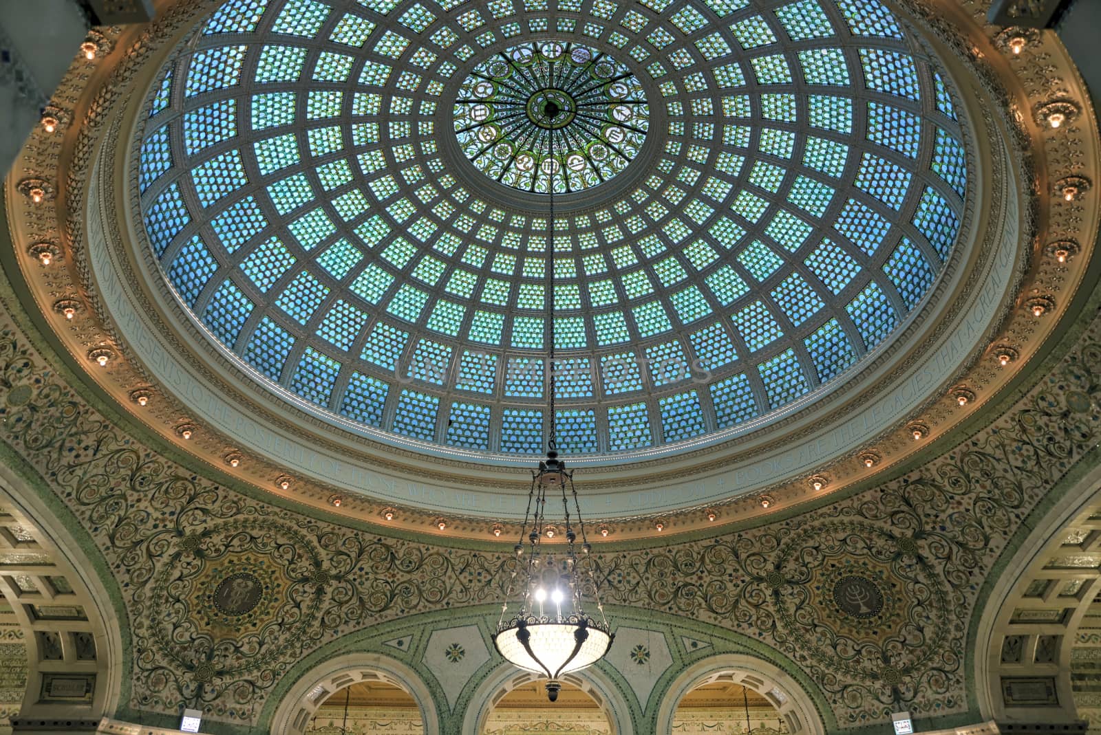 Chicago, Illinois, USA - June 22, 2018 - View of the interior and of the dome at the Chicago Cultural Center.