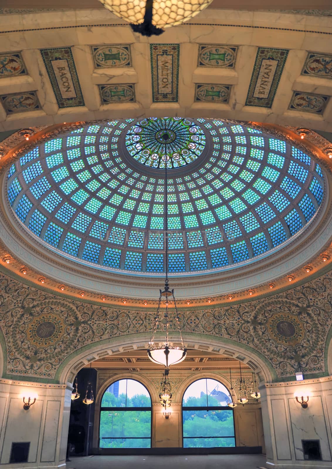 Chicago, Illinois, USA - June 22, 2018 - View of the interior and of the dome at the Chicago Cultural Center.