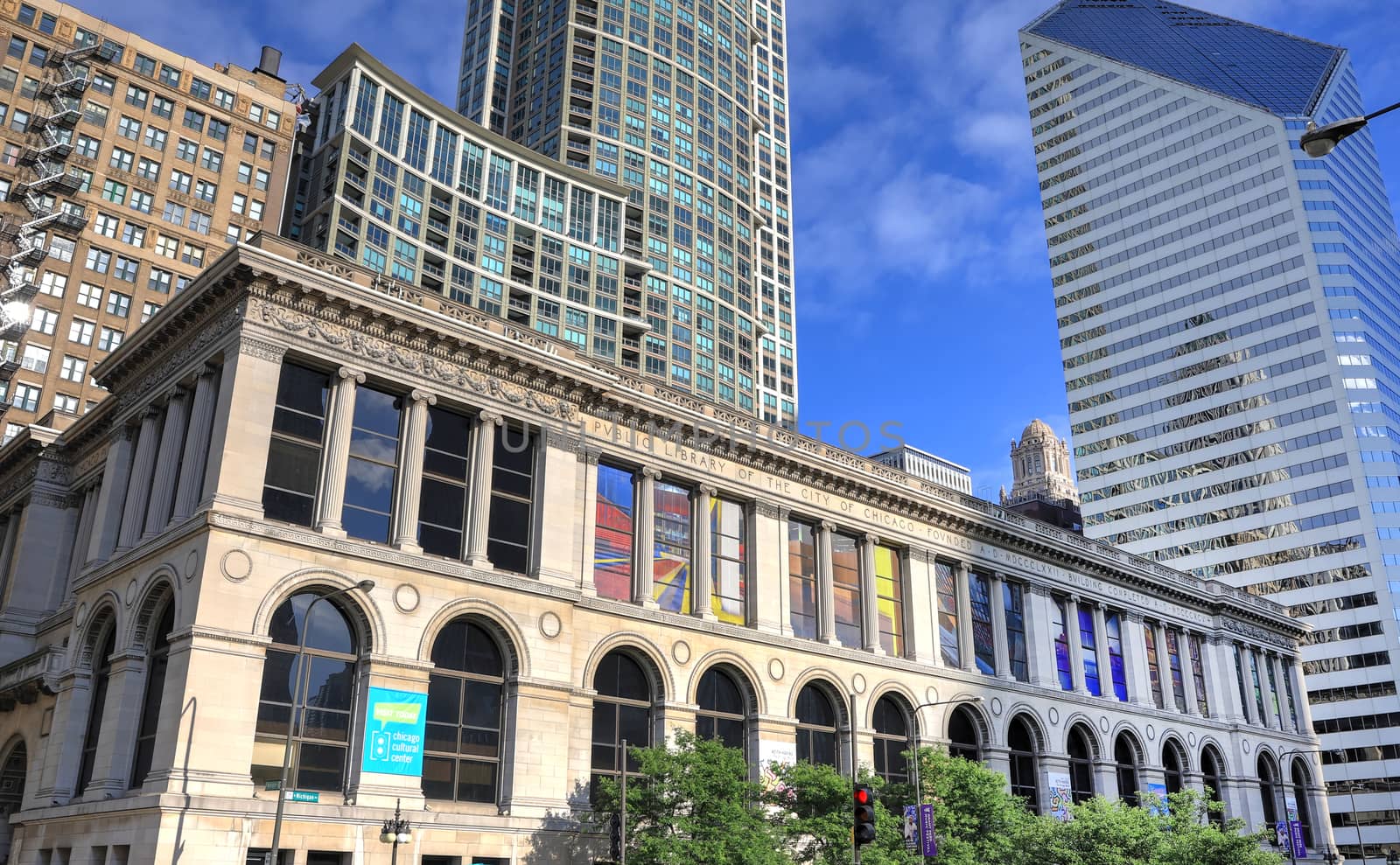 Chicago, Illinois, USA - June 22, 2018 - The exterior of the Chicago Cultural Center located at the old Public Library of the City of Chicago building.