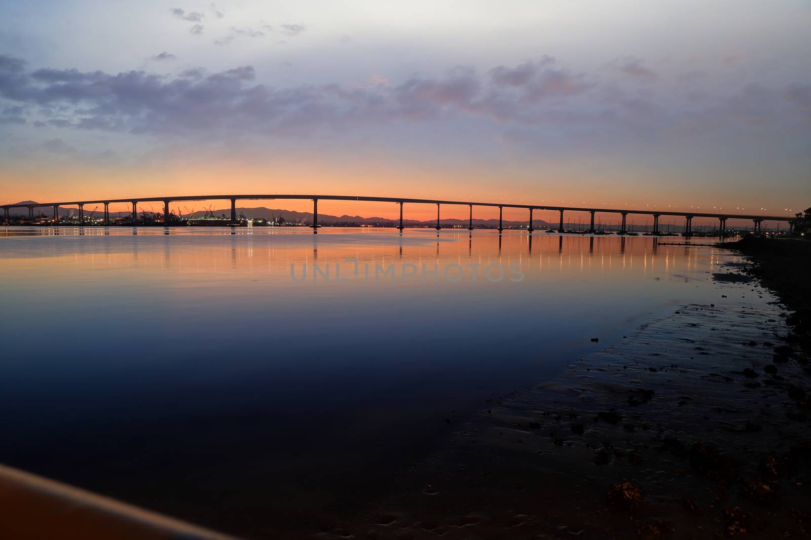 The Sunrise over the Coronado Bridge in San Diego, California.