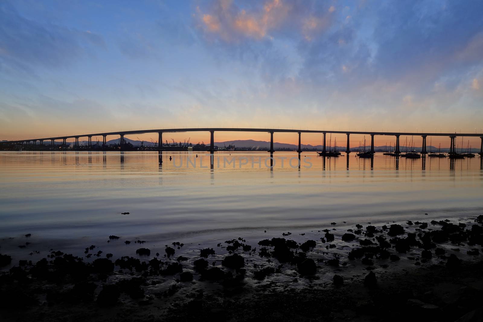 The Sunrise over the Coronado Bridge in San Diego, California.