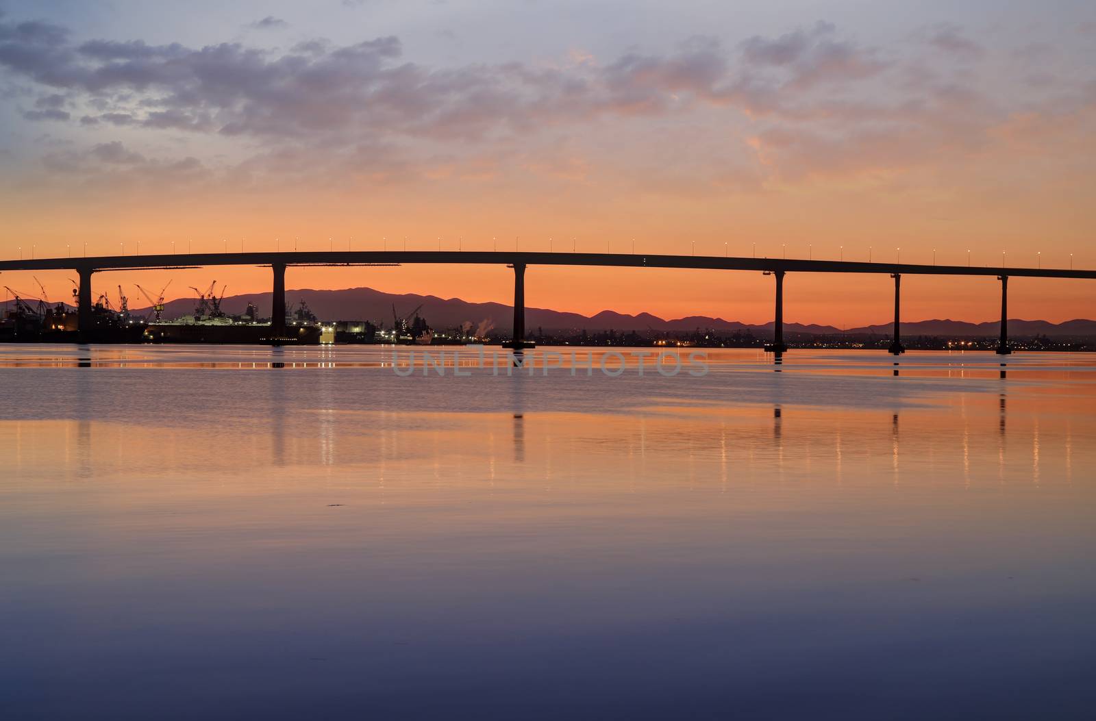 The Sunrise over the Coronado Bridge in San Diego, California.