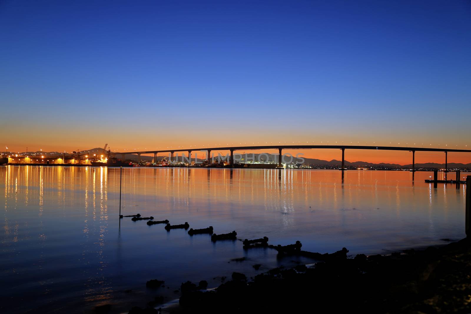 The Sunrise over the Coronado Bridge in San Diego, California.