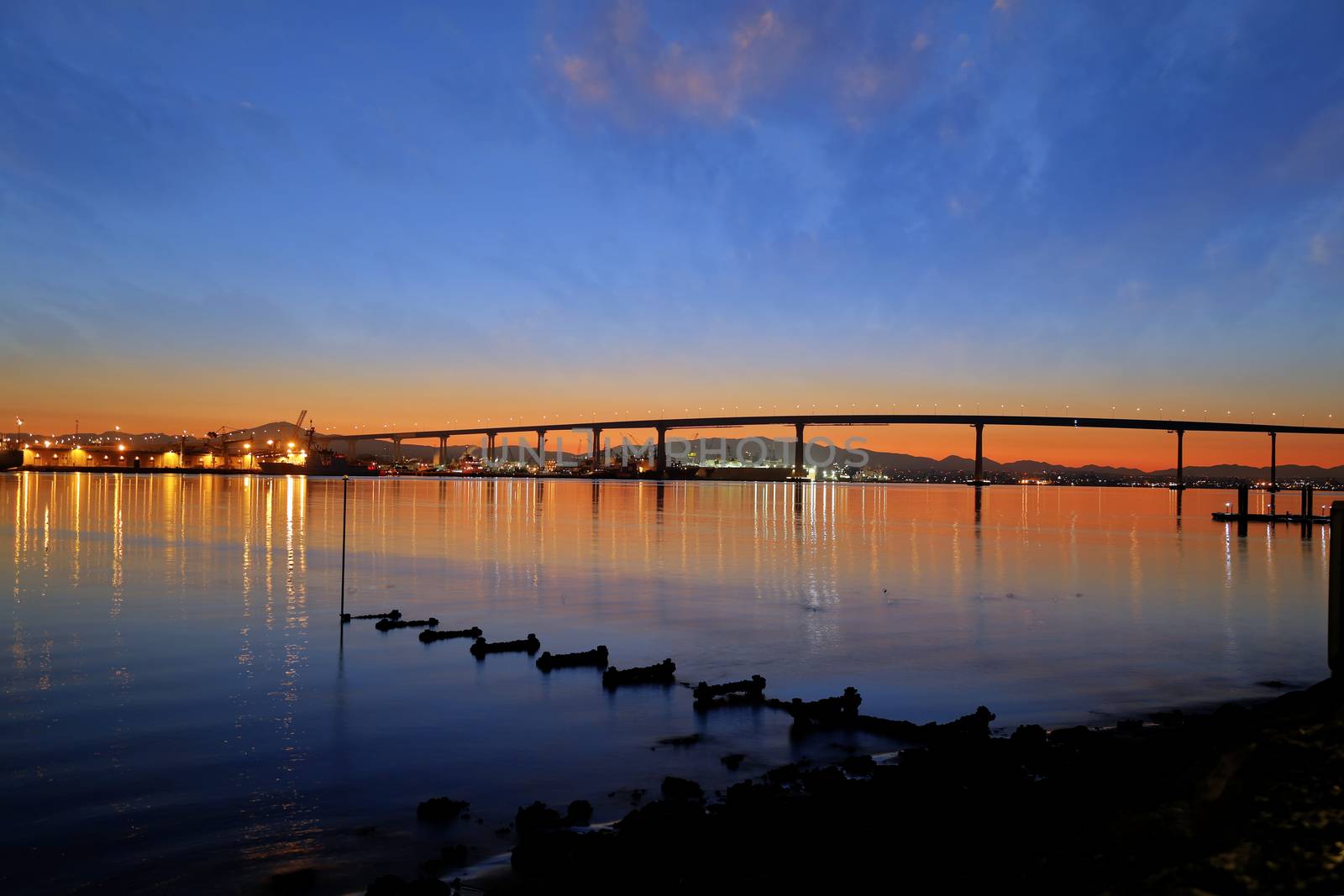 The Sunrise over the Coronado Bridge in San Diego, California.