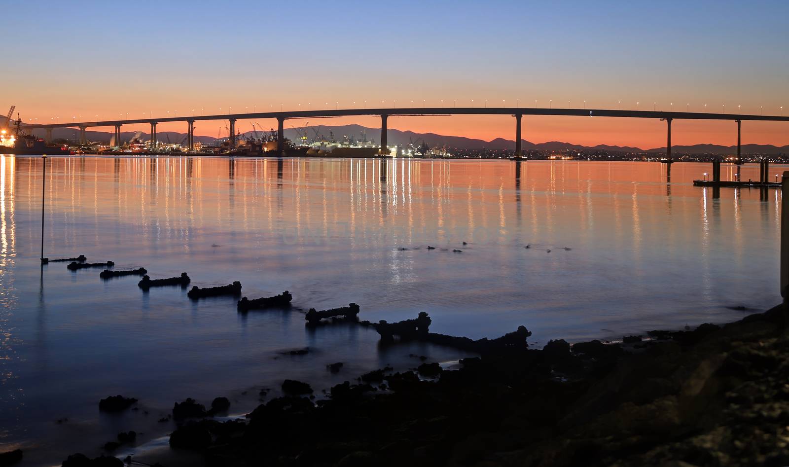 The Sunrise over the Coronado Bridge in San Diego, California.