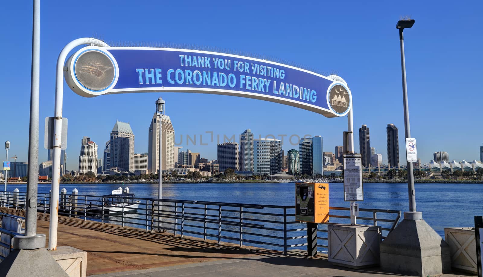 CORONADO, CALIFORNIA - FEBRUARY 8, 2018: The Coronado Ferry Landing dock/pier entrance. A ferry transports passengers between Coronado island and downtown San Diego