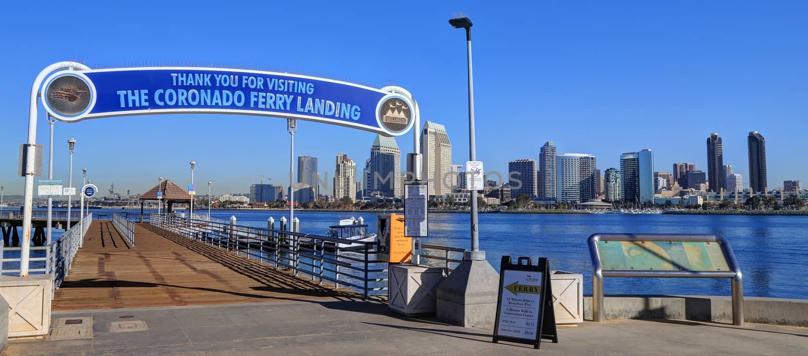 CORONADO, CALIFORNIA - FEBRUARY 8, 2018: The Coronado Ferry Landing dock/pier entrance. A ferry transports passengers between Coronado island and downtown San Diego