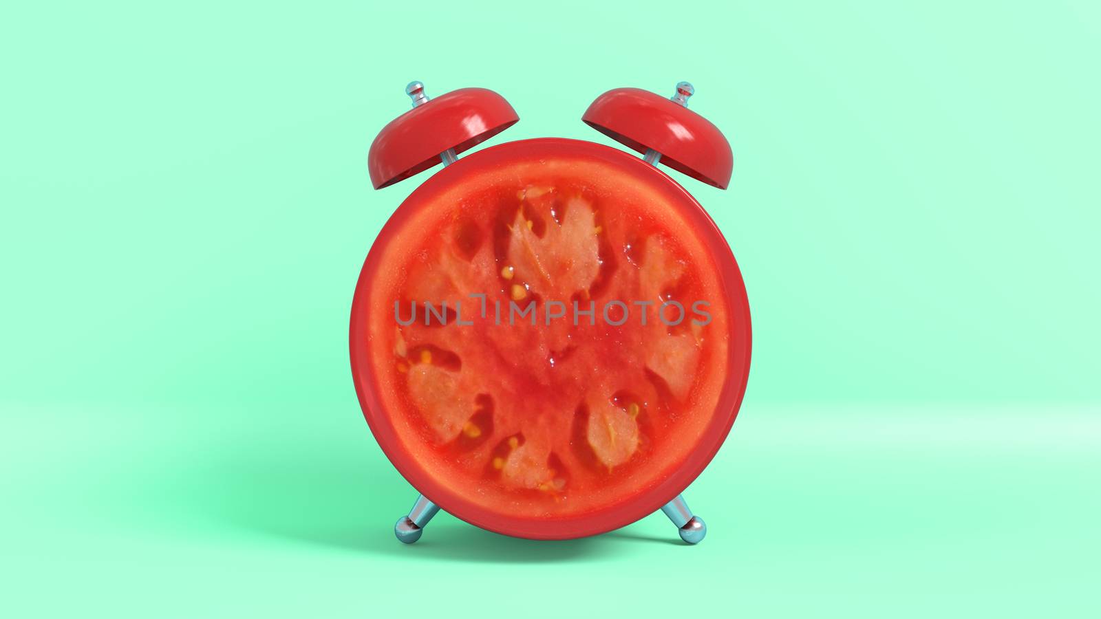 Wake up vintage morning shaped tomato. Concept illustrating that it is time to take vitamins. 3D rendering.