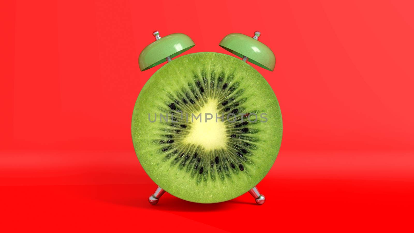 Wake up vintage morning shaped kiwi. Concept illustrating that it is time to take vitamins. 3D rendering.