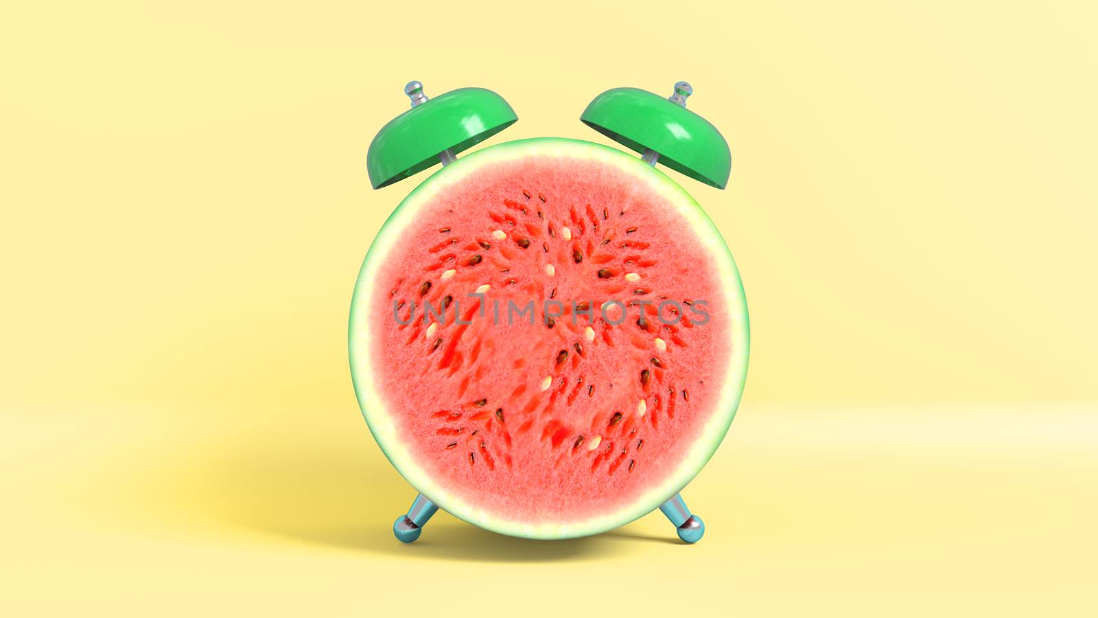 Wake up vintage morning shaped watermelon. Concept illustrating that it is time to take vitamins. 3D rendering.