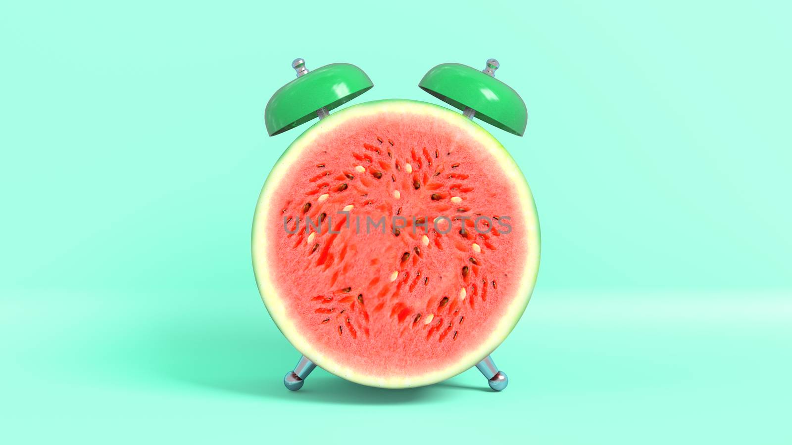 Wake up vintage morning shaped watermelon. Concept illustrating that it is time to take vitamins. 3D rendering.