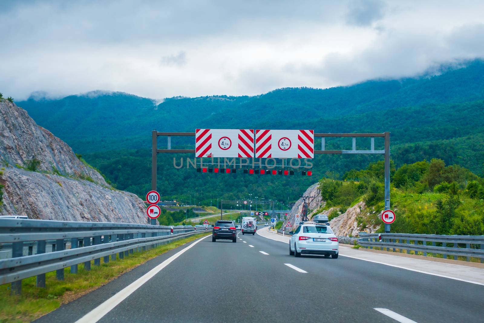 Highway A1, vicinity of Bosiljevo, Croatia, July 1 2018: A1 Highway in Croatia from Zagreb to Split and Adriatic sea is one of the busiest highways during holiday season
