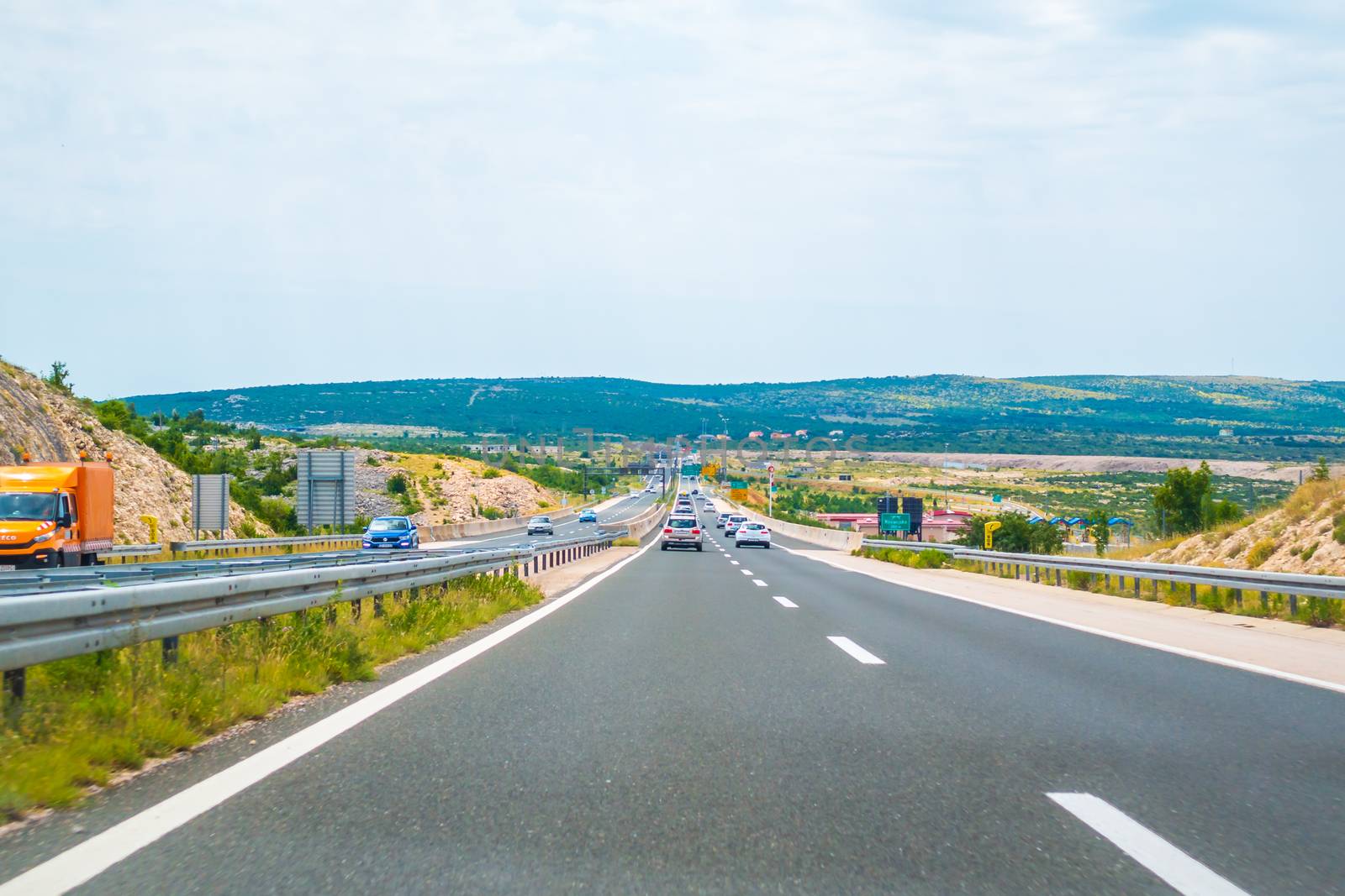 Highway A1 vicinity of Zadar, Croatia, July 1 2018: A1 Highway in Croatia from Zagreb to Split and Adriatic sea is one of the busiest highways during holiday season