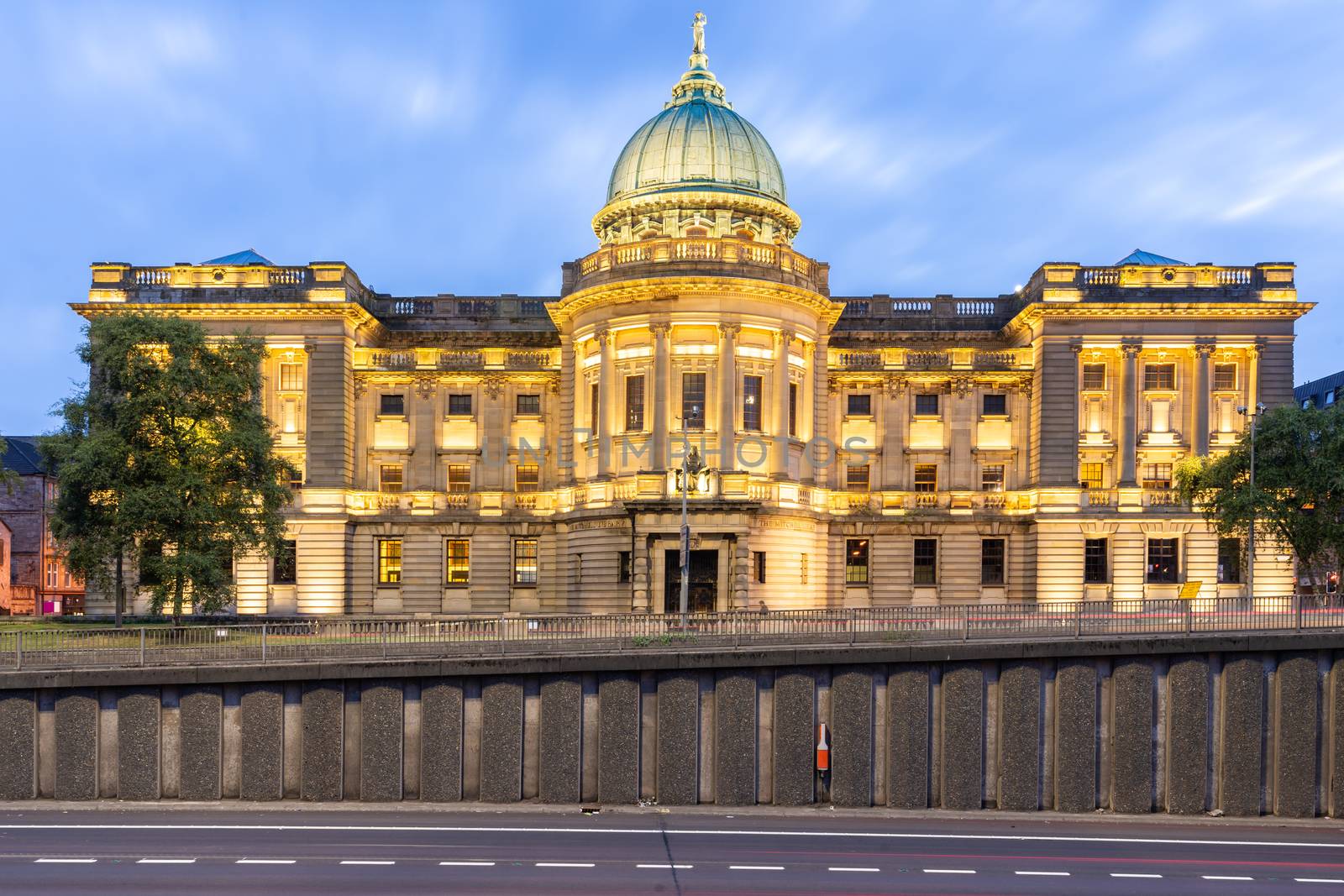 Sunset dusk at Glasgow Mitchell Library public library in Glasgow Scotland UK