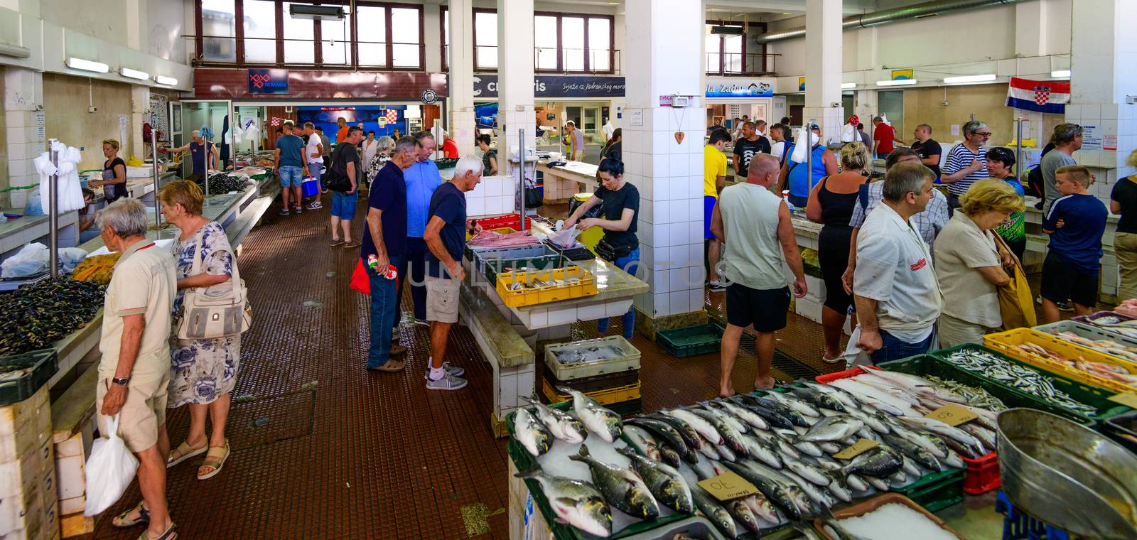 Zadar, Croatia - July 3 2018: Fishmarket in Zadar is one of the largest and best supplied in Croatia and attracts many local and foreign buyers. Fresh fish and seafod is offered from local fishermen.