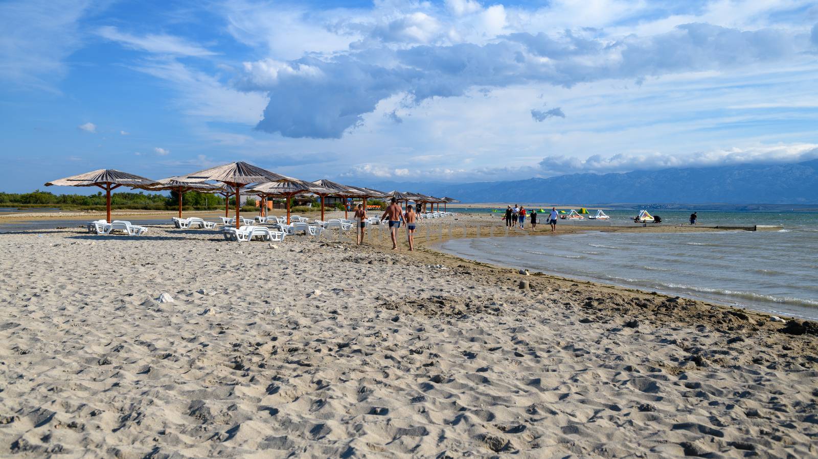 Famous Queens Beach in Nin near Zadar, Croatia. Rare sand beach in the Adriatic sea, due favorable wind the beach is popular for surfing and kitesurfing