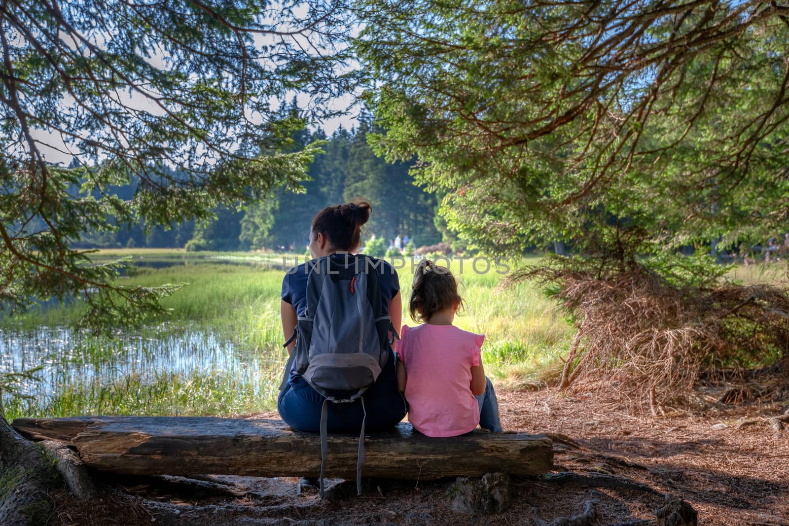Mother and daughter sitting on bench near mountain lake, facing away by asafaric