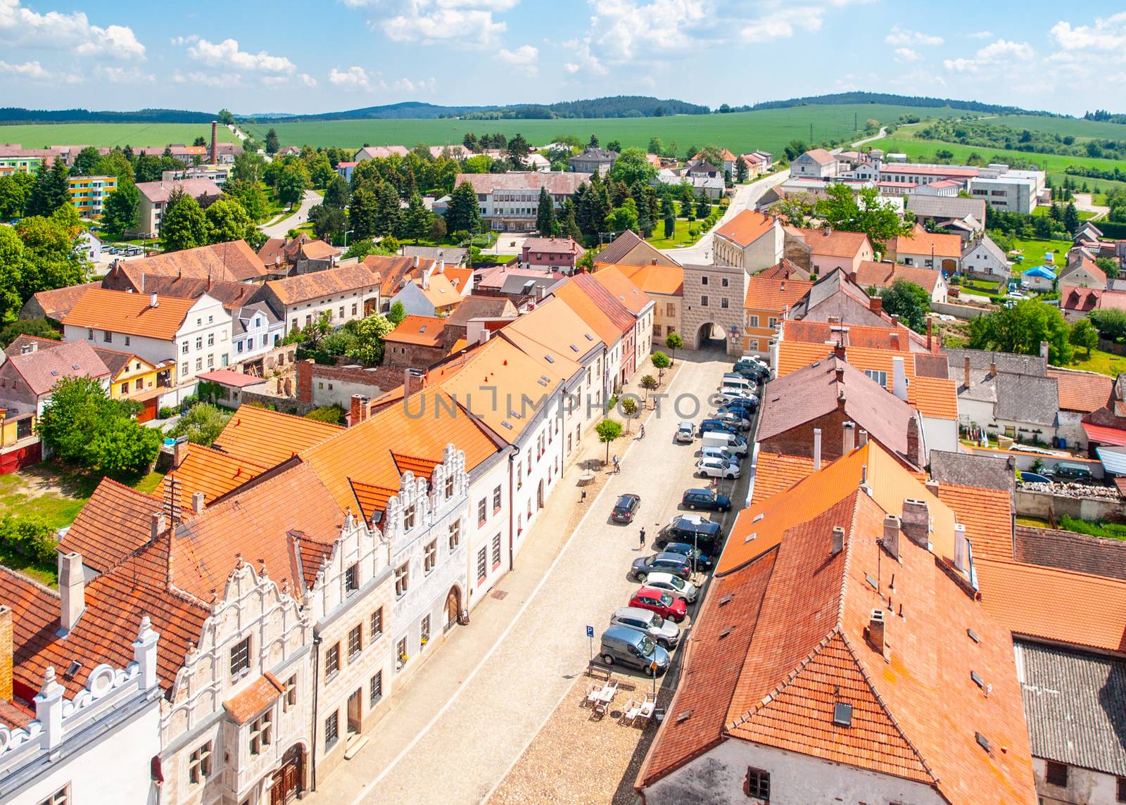 Aerial view of Renaissance houses in Slavonice, Czech Republic.
