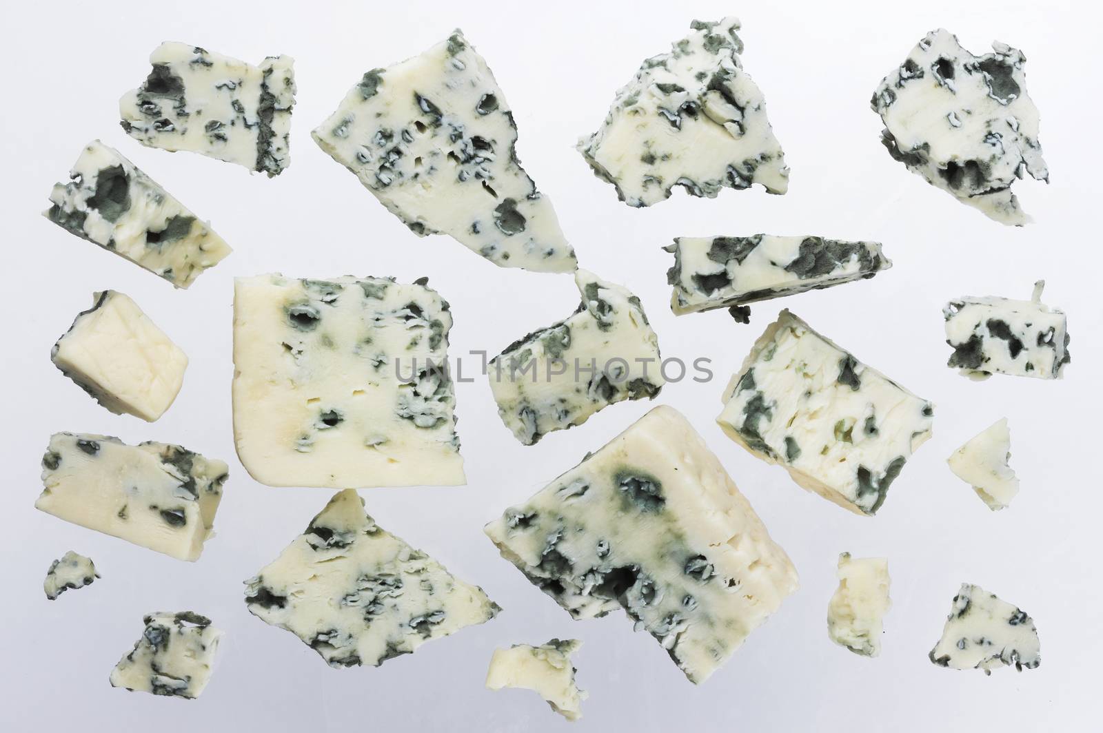 Danish blue cheese isolated on white background with clipping path. Collection