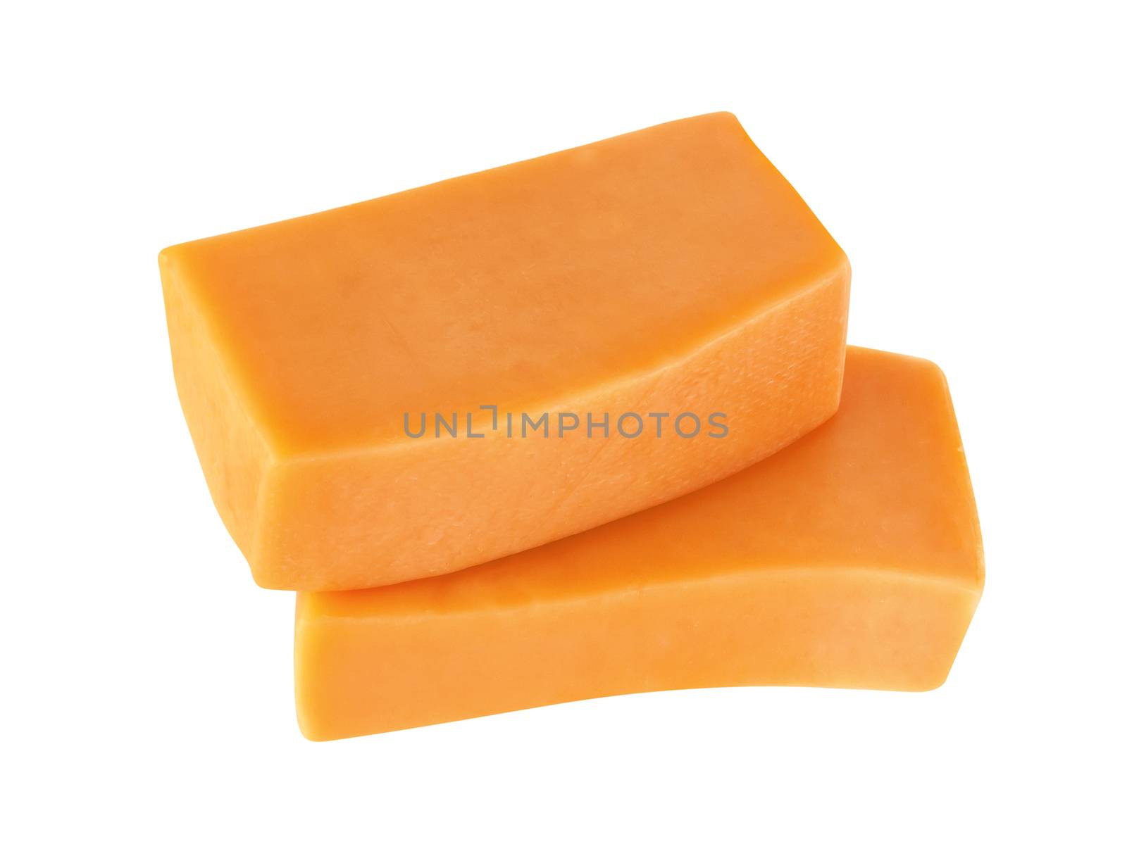 Two pieces of cheddar cheese isolated on white background with clipping path