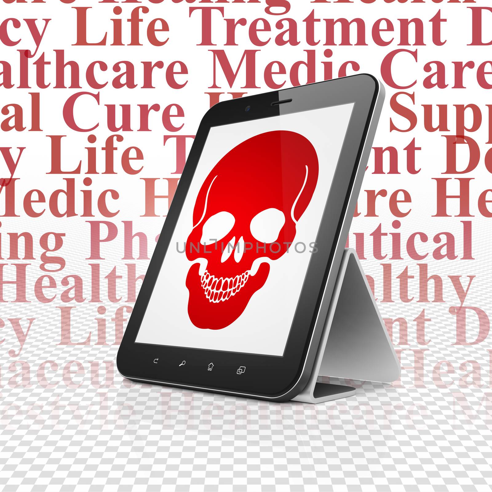 Healthcare concept: Tablet Computer with  red Scull icon on display,  Tag Cloud background, 3D rendering