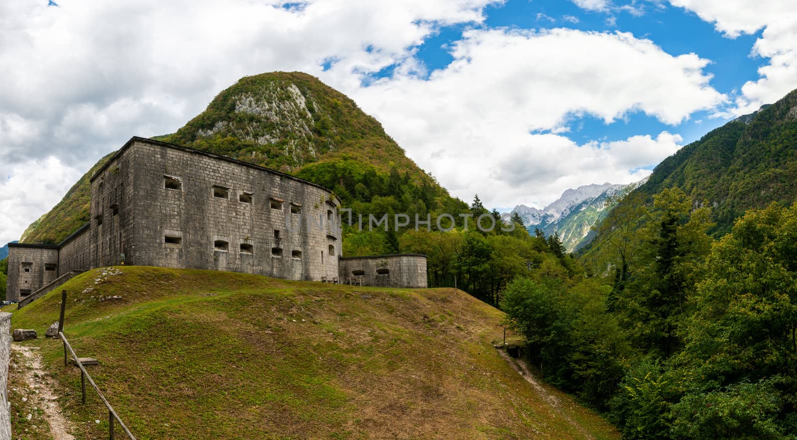 Fortress Kluze - Flitscher Klause near Bovec, Slovenia, built in 1881 and protecting a mountain pass in Alps, during World War I it was Headquarter of Austro-Hungarian army on the Isonzo front