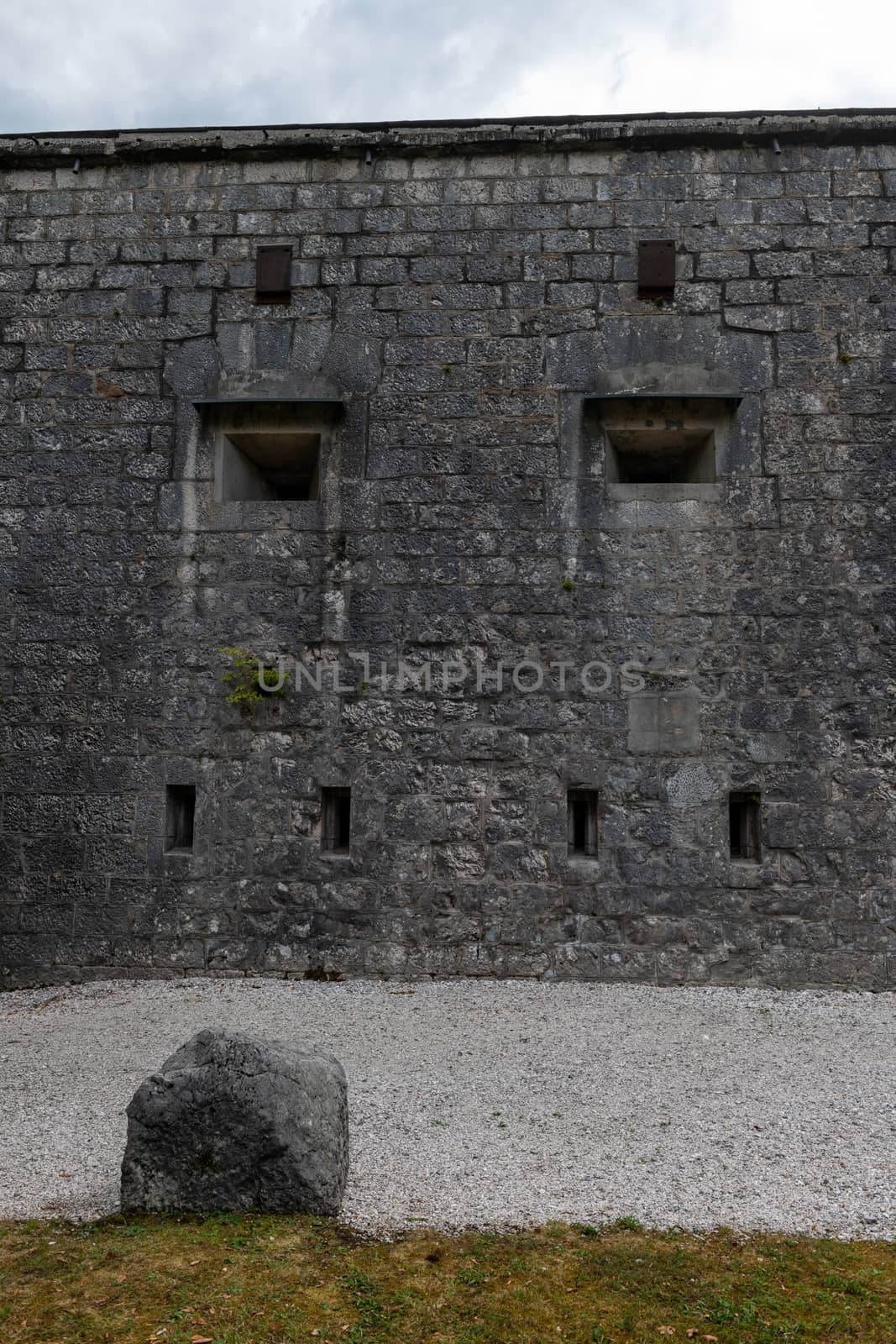 Military fort with stone walls and portholes for riflemen from 19th century, Fort Kluze in Bovec, Slovenia was built by Austrian Army to guard a pass in the Alps