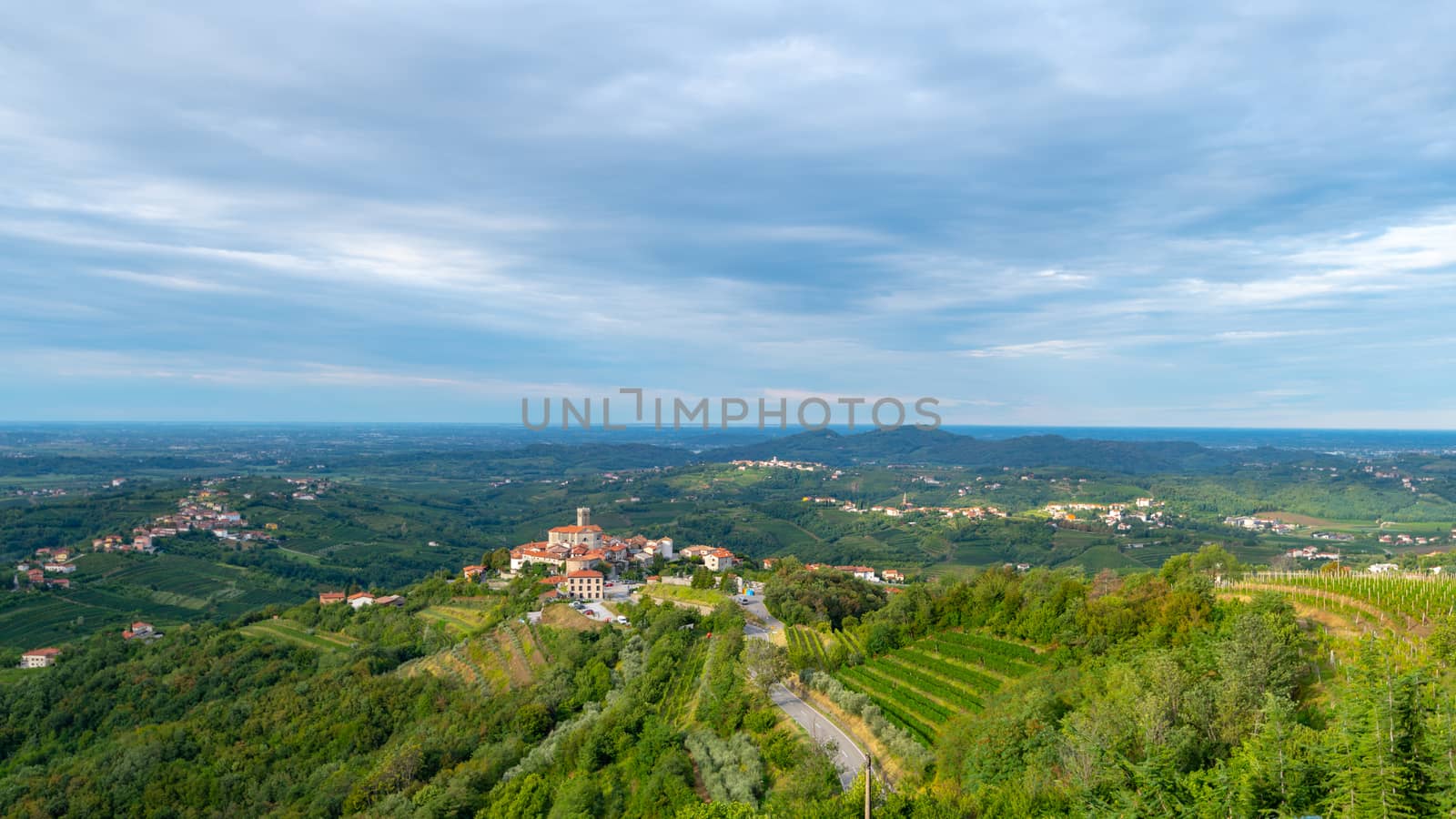 Panoramic view of Smartno in Gorska Brda, Slovenia from above with surrounding vineyards, olive plantations and orchards.