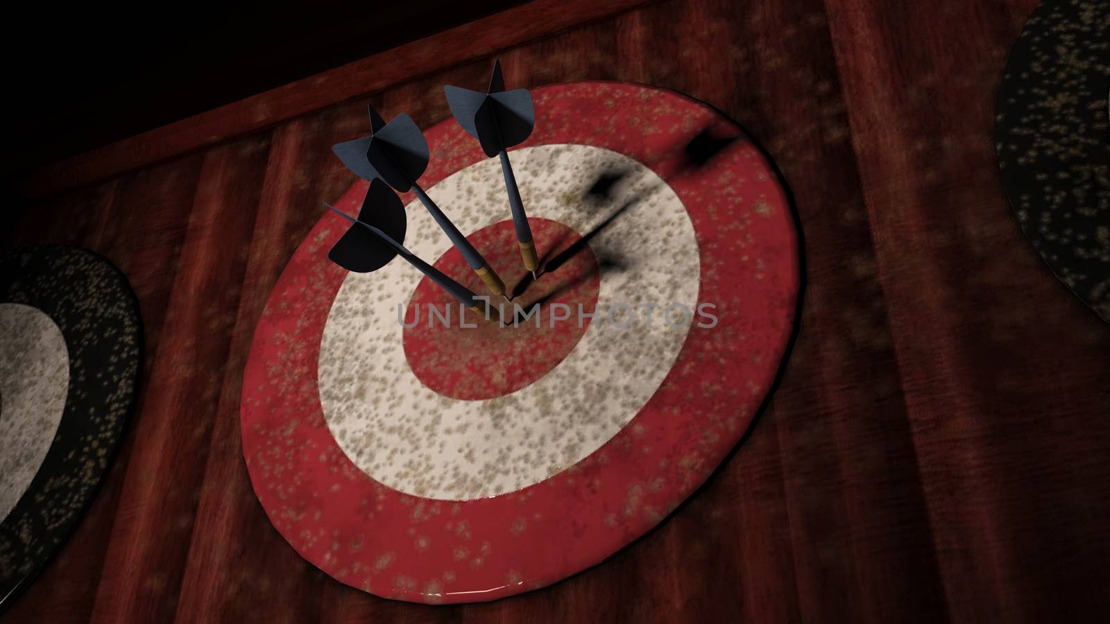 Red Dart Board with 3 dart arrows hitting target by ankarb