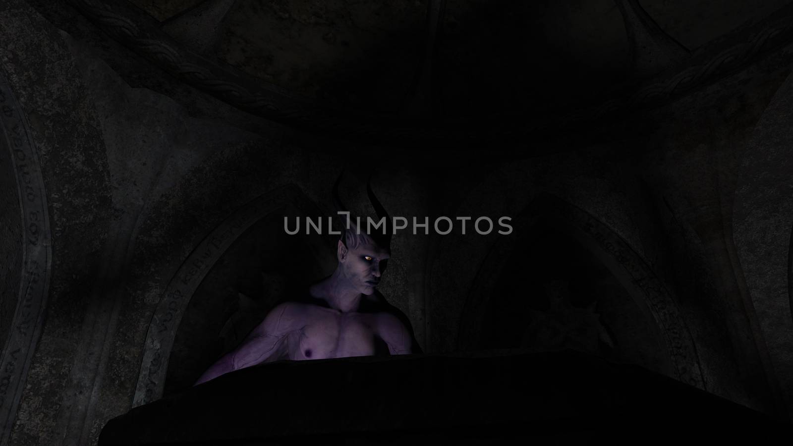 Fallen angel satan in a crypt - 3d rendering