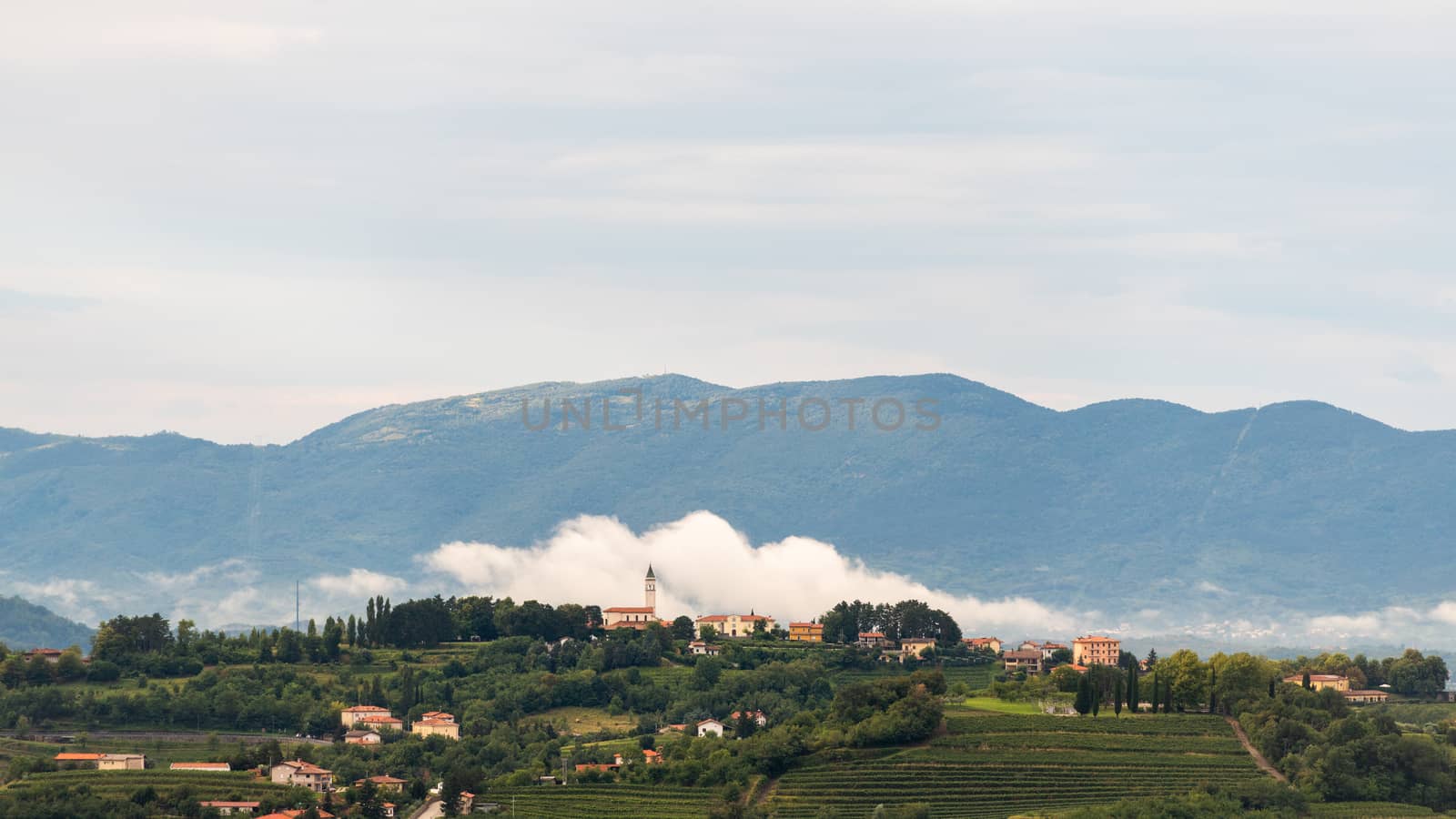 Village of Steverjan, San Floriano del Collio, Italy with church in front of white low white cloud, Goriska Brda, with vineyards and orchards by asafaric