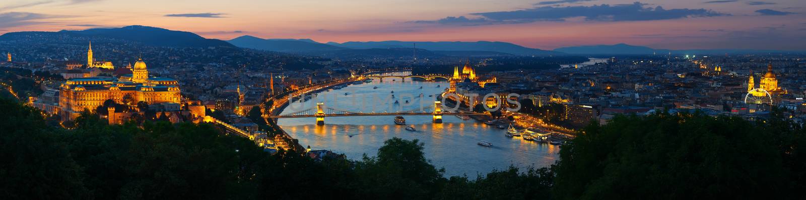 Panoramic view on landmarks of Budapest at sunset, Hungary