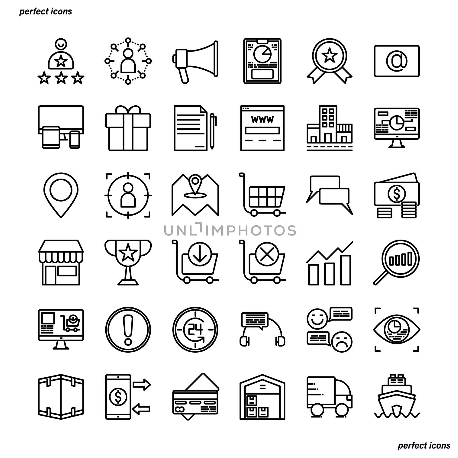 Marketing Outline Icons perfect pixel. Use for website, template,package, platform. Concept business object design.