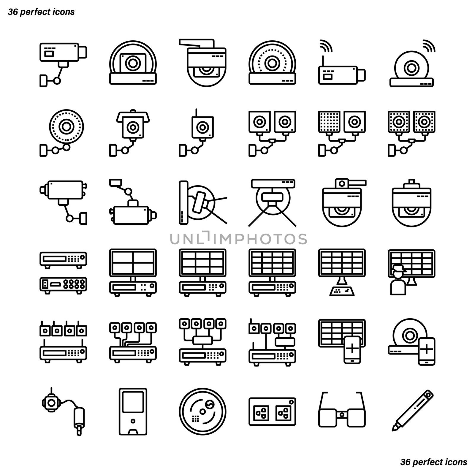 CCTV Outline Icons perfect pixel. Use for website, template,package, platform. Concept business object design.