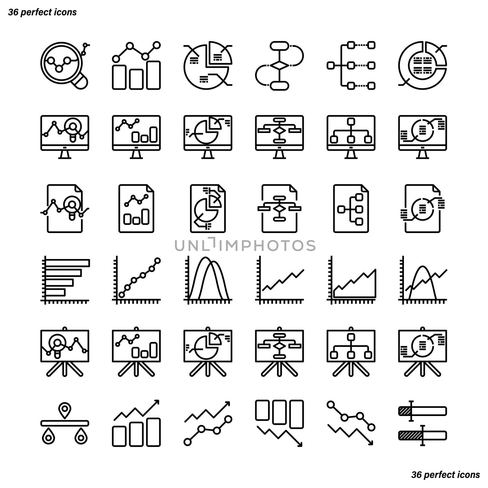 Analytics Outline Icons perfect pixel. Use for website, template,package, platform. Concept business object design.