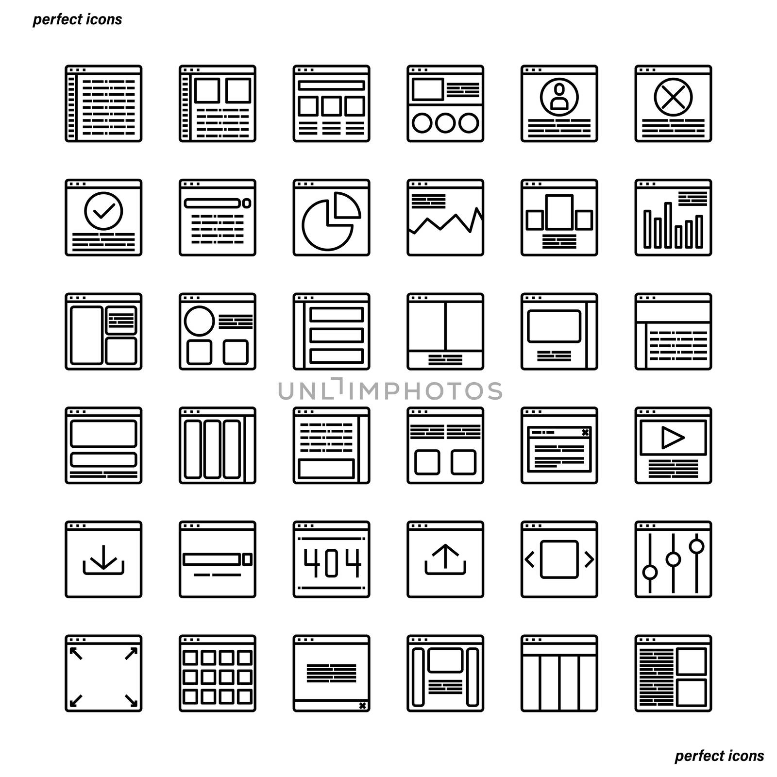 Website User Interface Outline Icons perfect pixel. Use for website, template,package, platform. Concept business object design.
