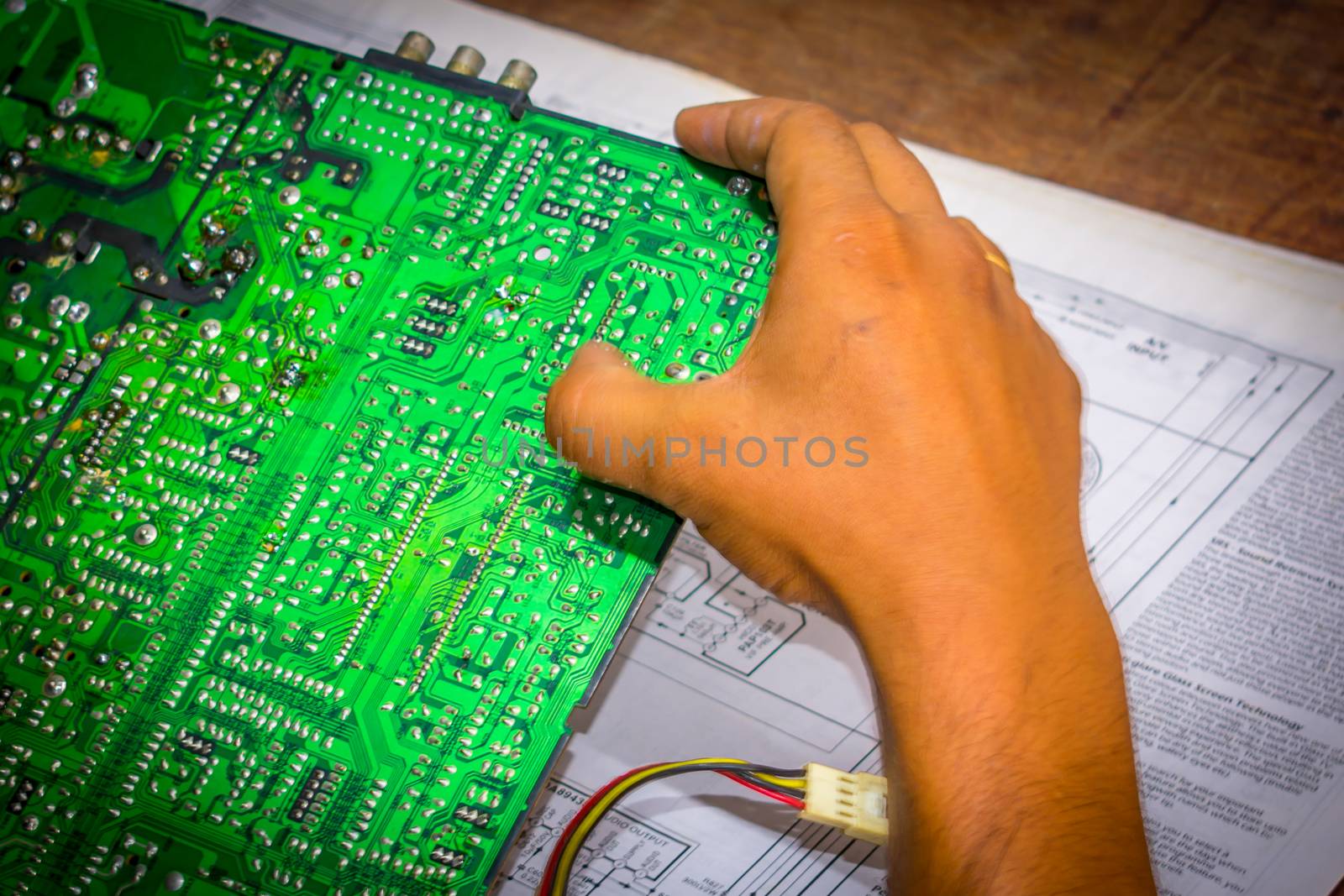 Selective focus. computer hardware development repair and upgrade concept Close-up view. diagnosing or testing digital component. Workshop background