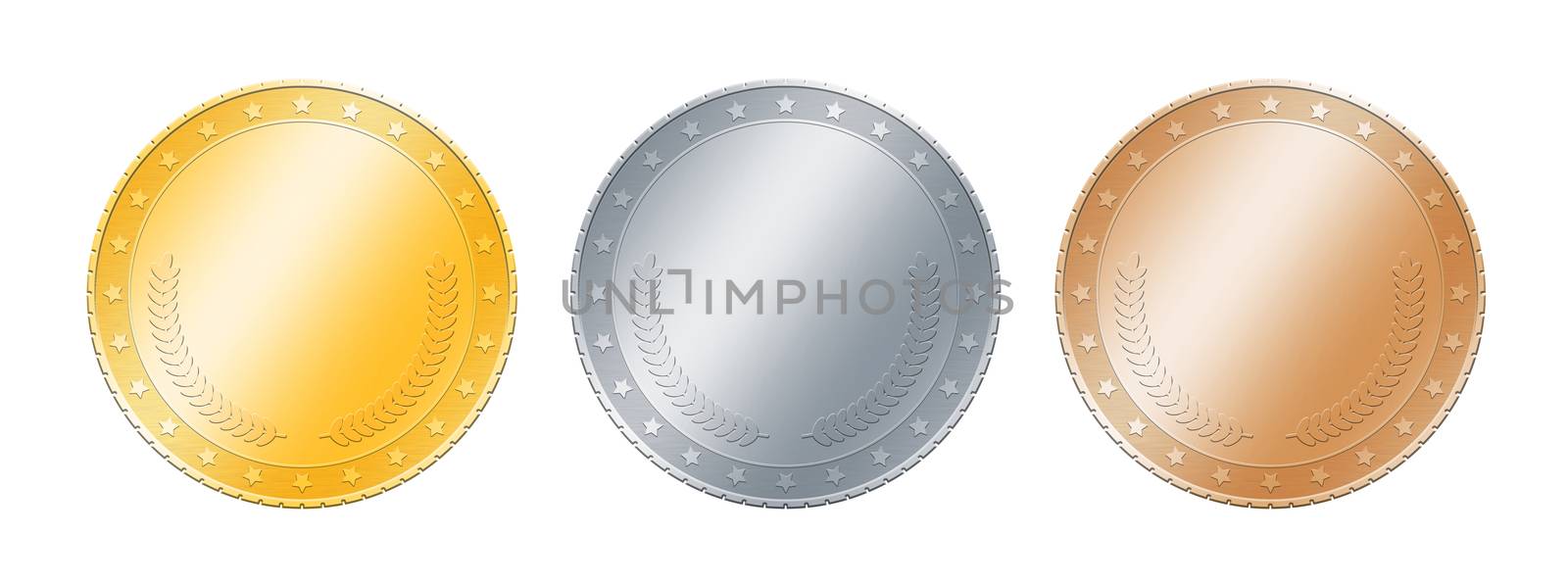 Close up three metal (gold, silver and bronze) blank coins or medals template or award achievement badges isolated on white background