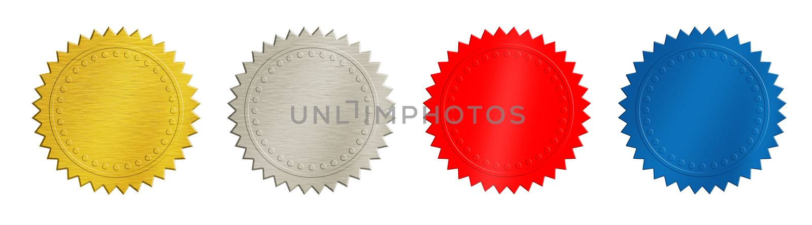 Set of four seal stamps, achievement and award badges (brushed metal gold, silver, blue and red) isolated on white background