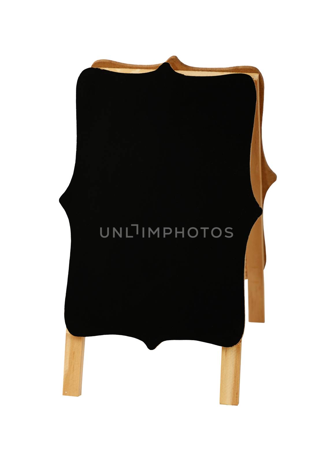 Close up one small shaped empty blank clean black chalkboard sign stand isolated on white background, high angle view
