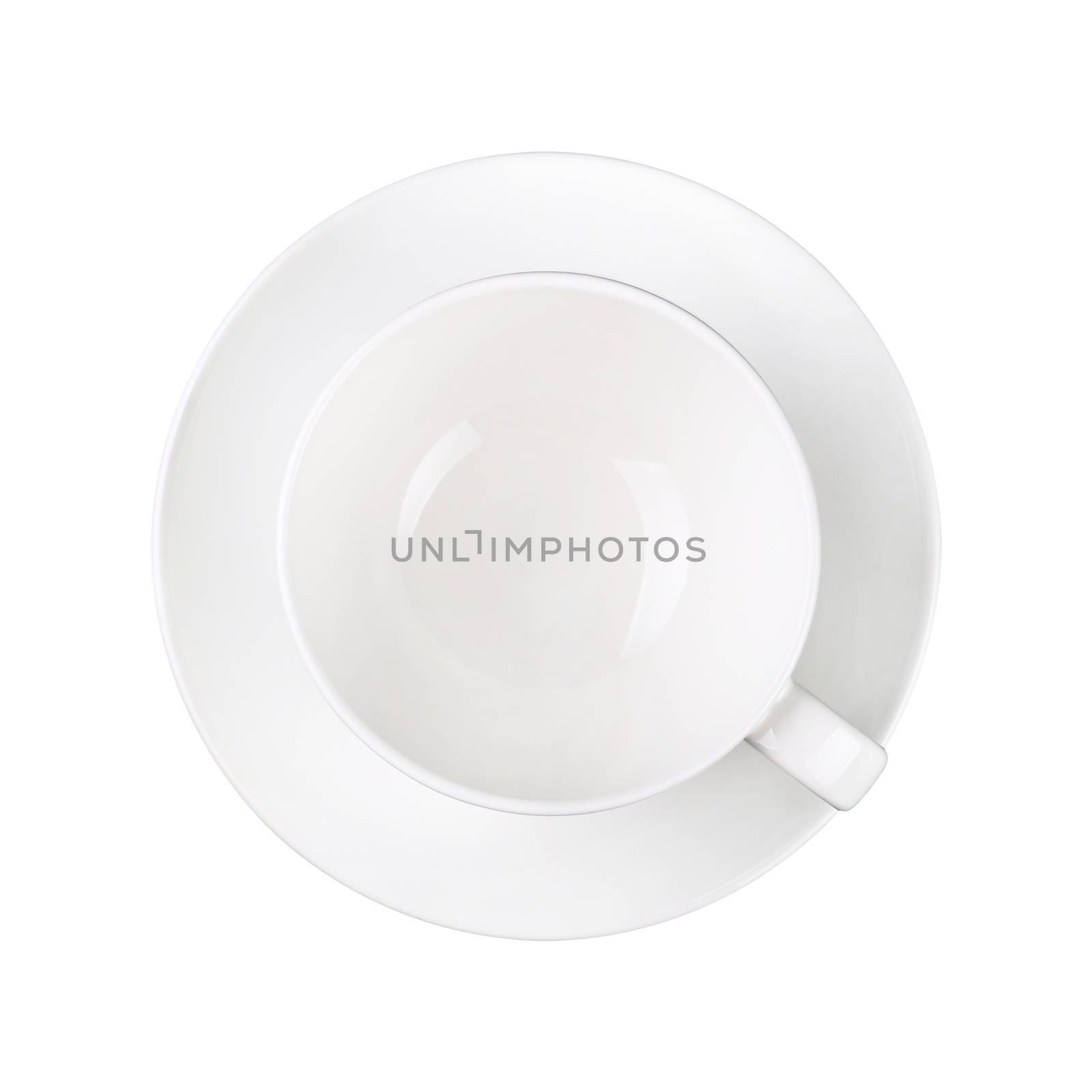 Close up one empty white coffee or tea cup on saucer isolated on white background, elevated top view, directly above