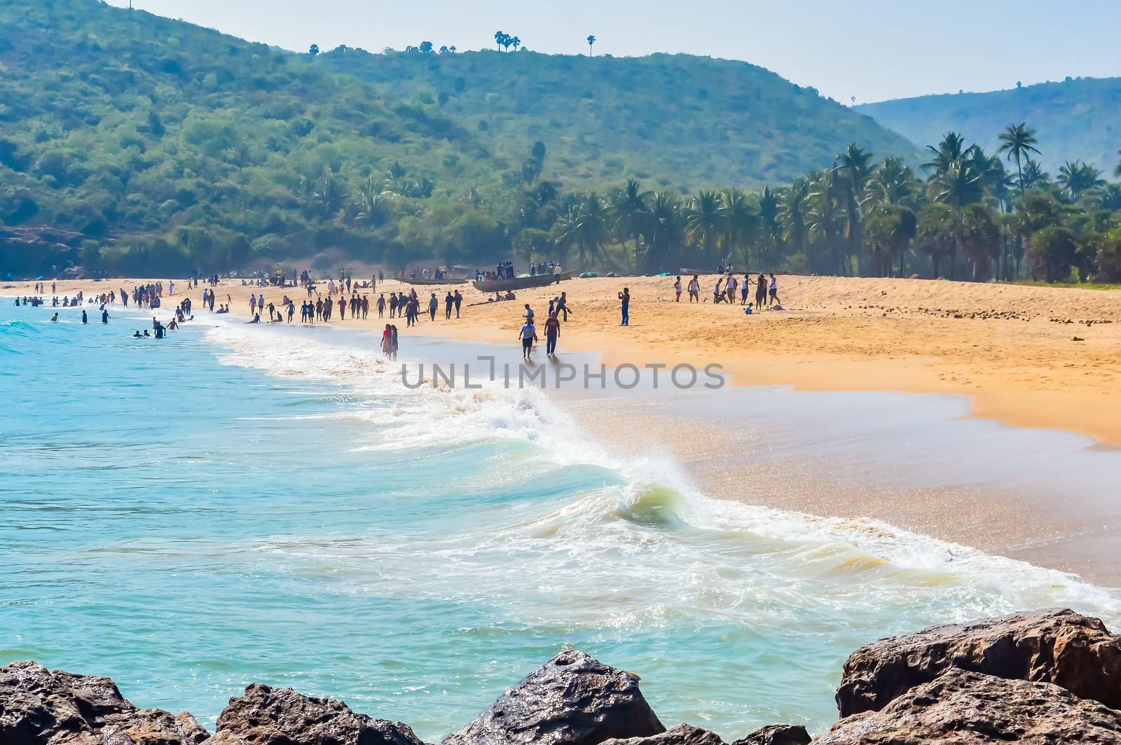 Photograph of Goa Sea Beach taken in Christmas Holiday during New Year celebration in landscape style Use for background screen saver e-cards website banner usage Travel holiday new year celebration