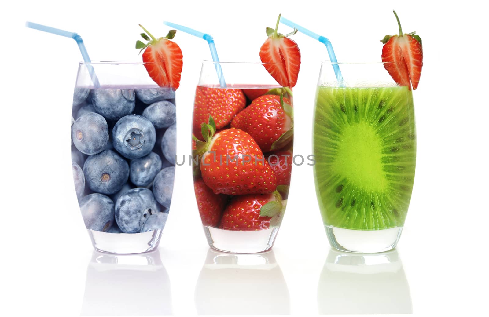 Different flavoured fruit smoothies including kiwi strawberry and blueberry