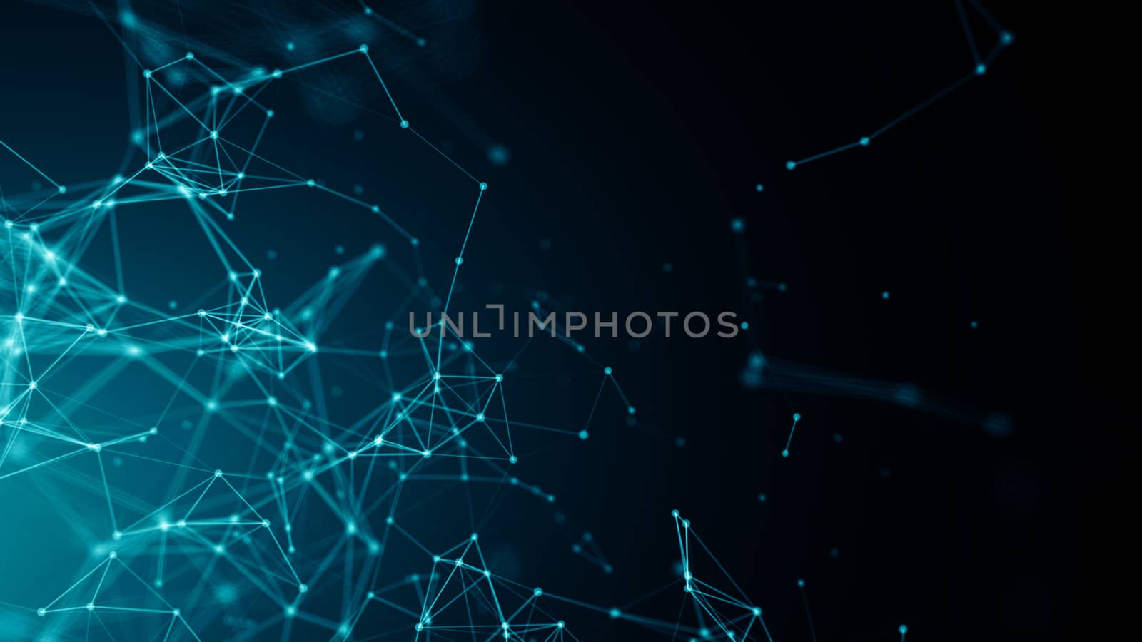 Abstract connected dots on bright blue background. Technology backdrop with depth of field. 3D rendering