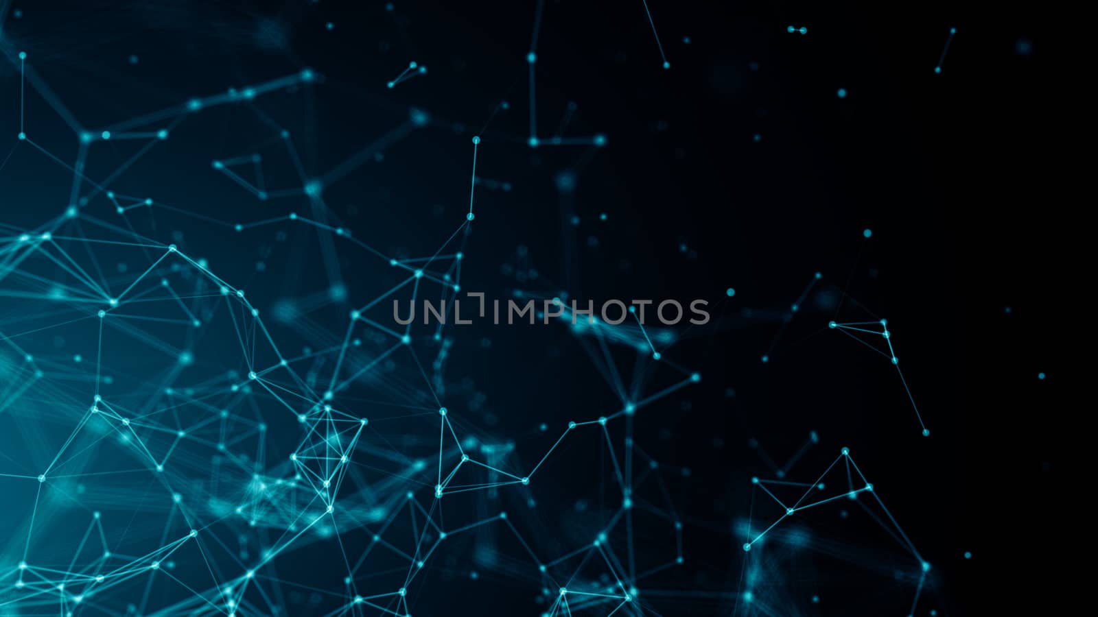 Abstract connected dots on bright blue background. Technology backdrop with depth of field. 3D rendering