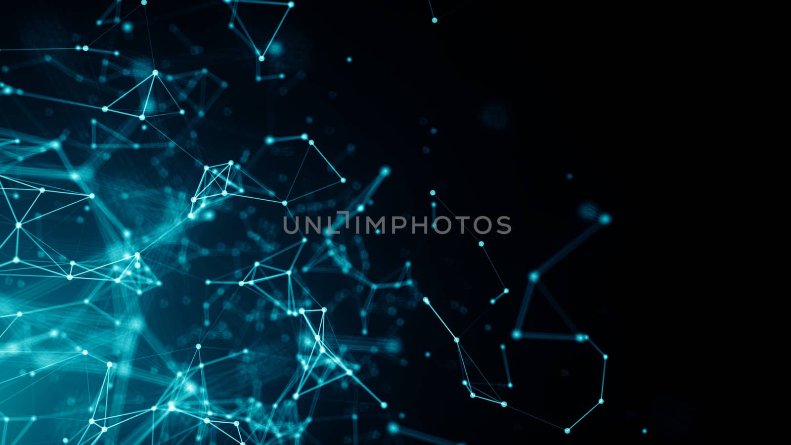 Abstract connected dots on bright blue background. Technology backdrop with depth of field. 3D rendering
